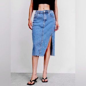 URBAN REVIVO High Waisted Side Split Hem Denim Skirt Vintage Blue S LIKE NEW